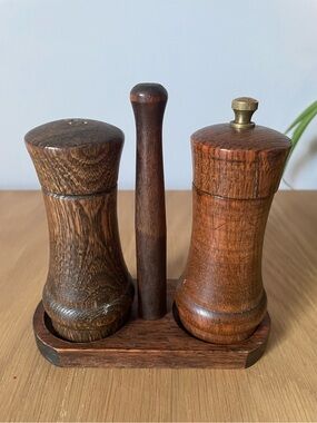 Vintage MCM Wooden Salt Shaker and Pepper Mill Set with Stand